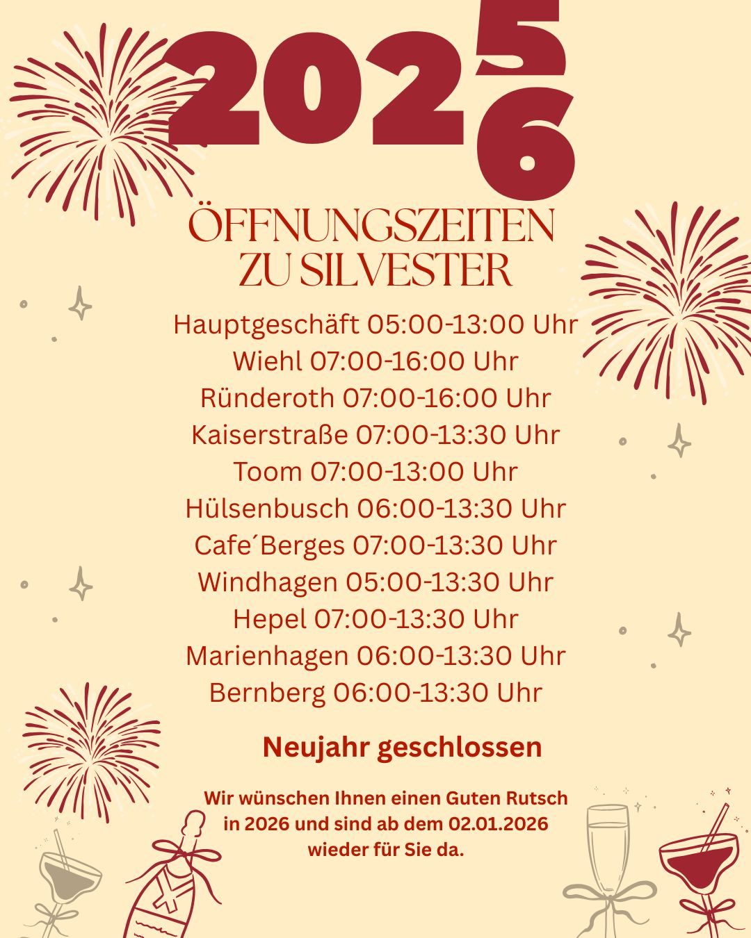 Unsere Öffnungszeiten zu Silvester